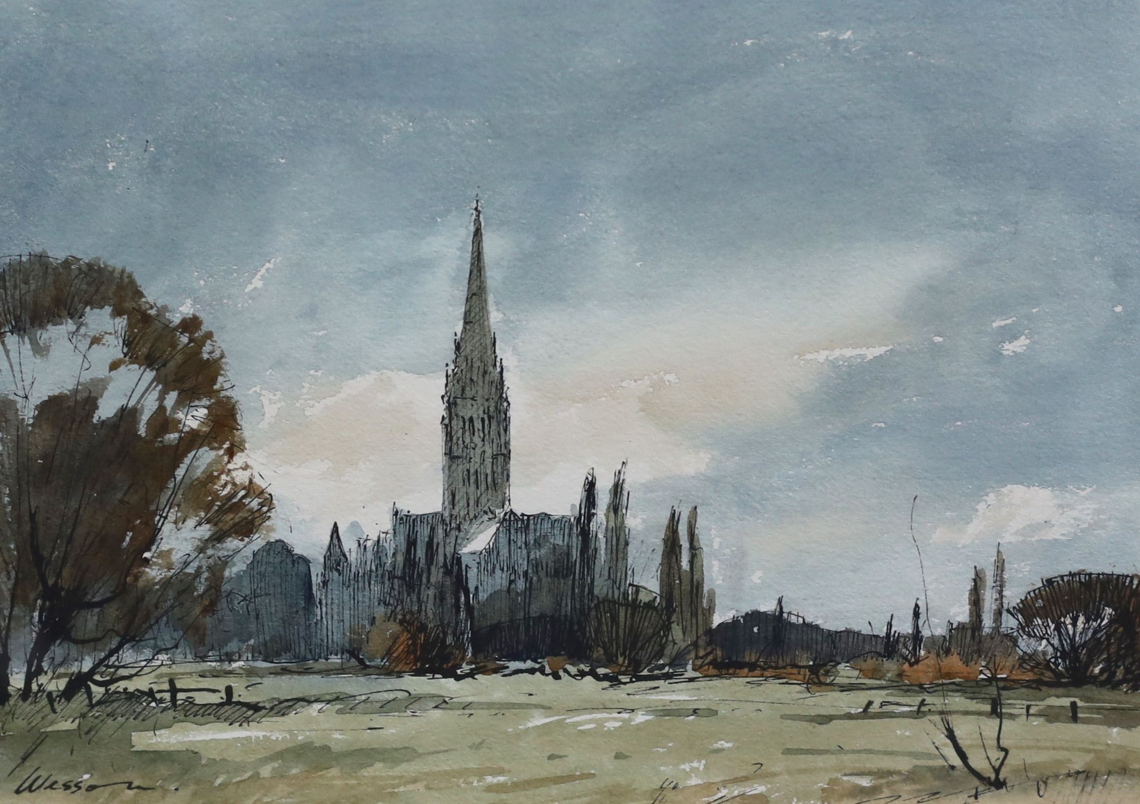 Edward Wesson (1910-1983), Salisbury cathedral from the east, ink and watercolour, 21 x 29cm